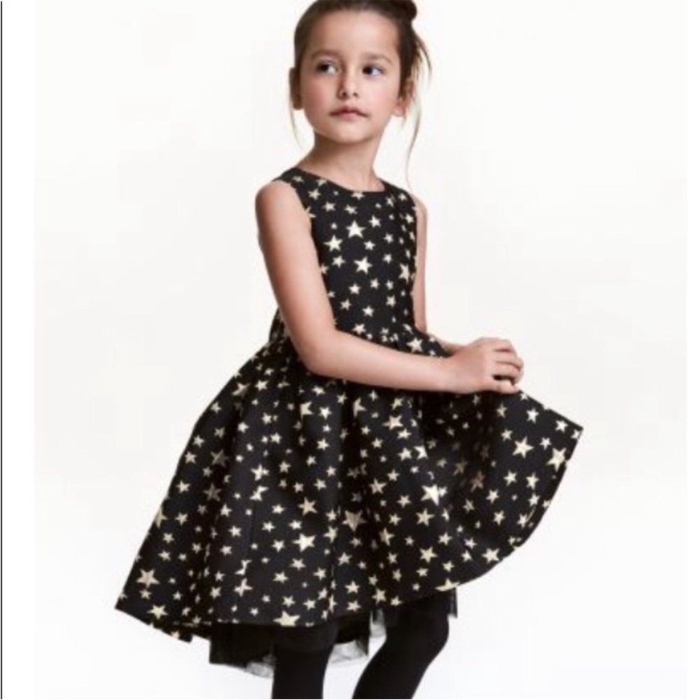 H&M Little Girl Dress Gold Star Print Black Size 4-5